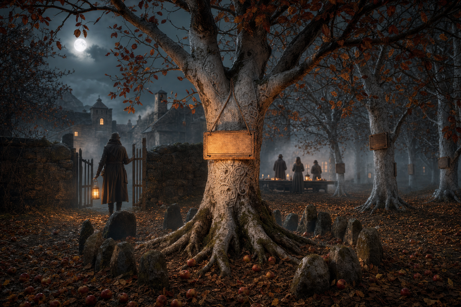 A moonlit memorial orchard of pale carved trees surrounds one tree bearing a fresh blank name plaque, without gore or bones.