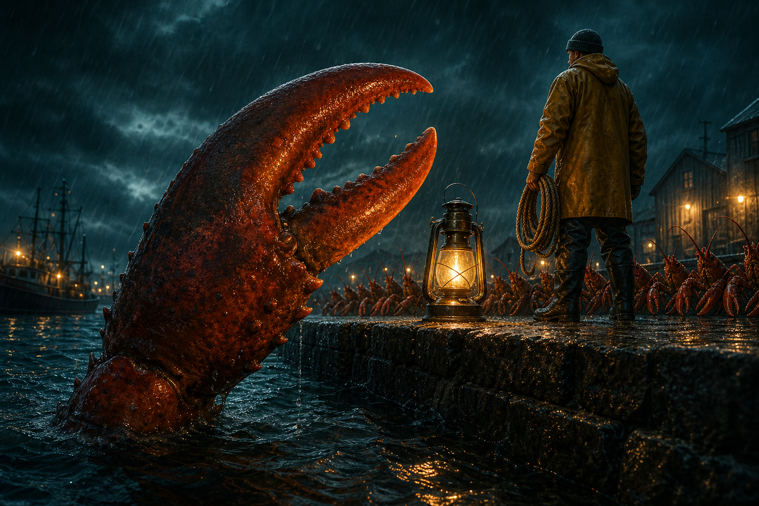 A storm-lit harbour faces a huge red-orange lobster claw rising from the water while smaller lobsters cross the wet quay toward a lantern-bearing coordinator.
