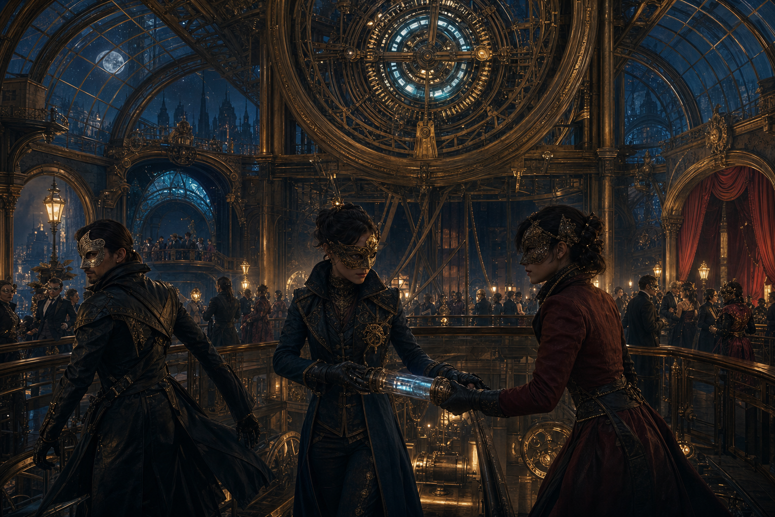 Masked figures cross a brass exhibition hall beneath a vast clockwork engine with one glowing evidence cylinder exposed.