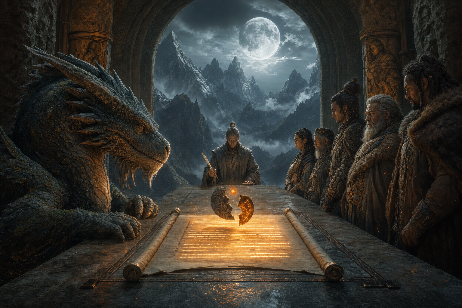 An ageing dragon and a mountain delegation face a glowing contract across a stone treaty table.