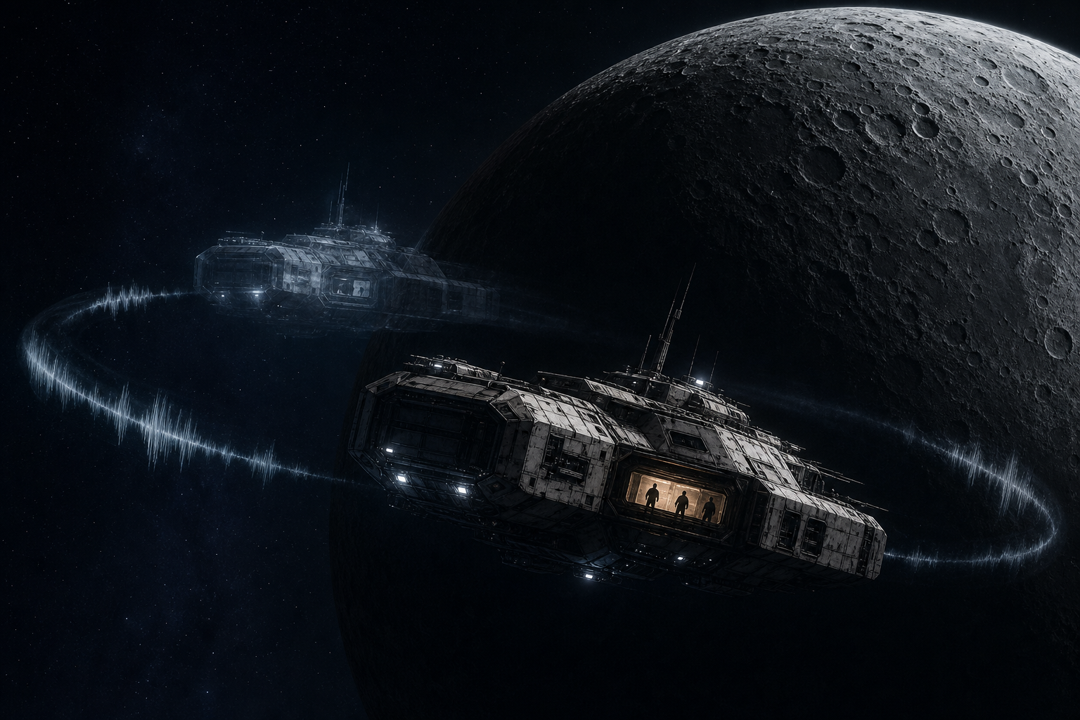 A damaged research vessel arcs behind a black moon while a duplicate distress waveform glows ahead of it.