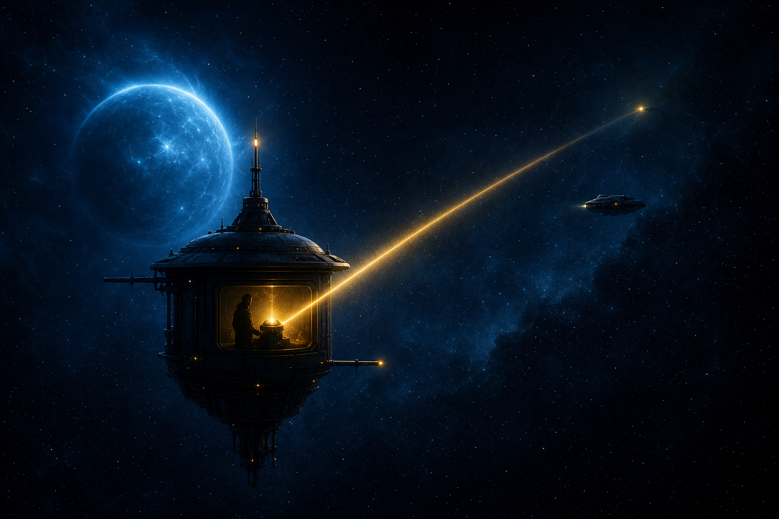 A lone waystation beacon sends one warm ray across a blue star field as its surrounding lights fade.