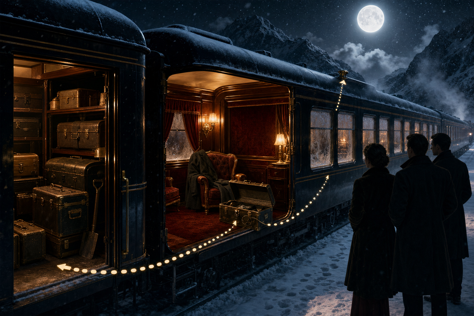 A moonlit luxury train stands in deep snow beside an illuminated locked compartment and a trail of precise clues.