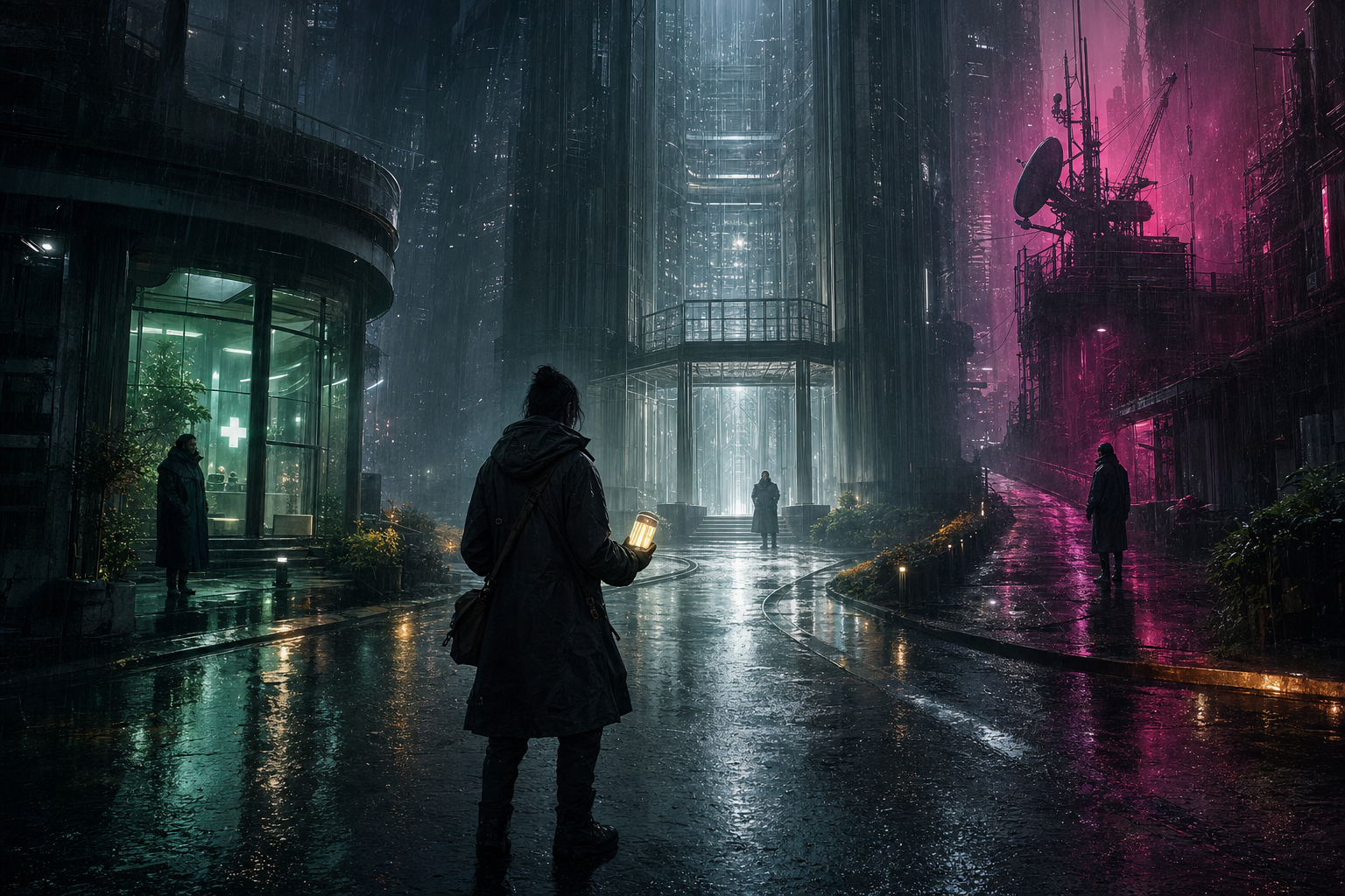 A lone memory courier carries a glowing sealed capsule through a rain-soaked neon street divided into three routes.