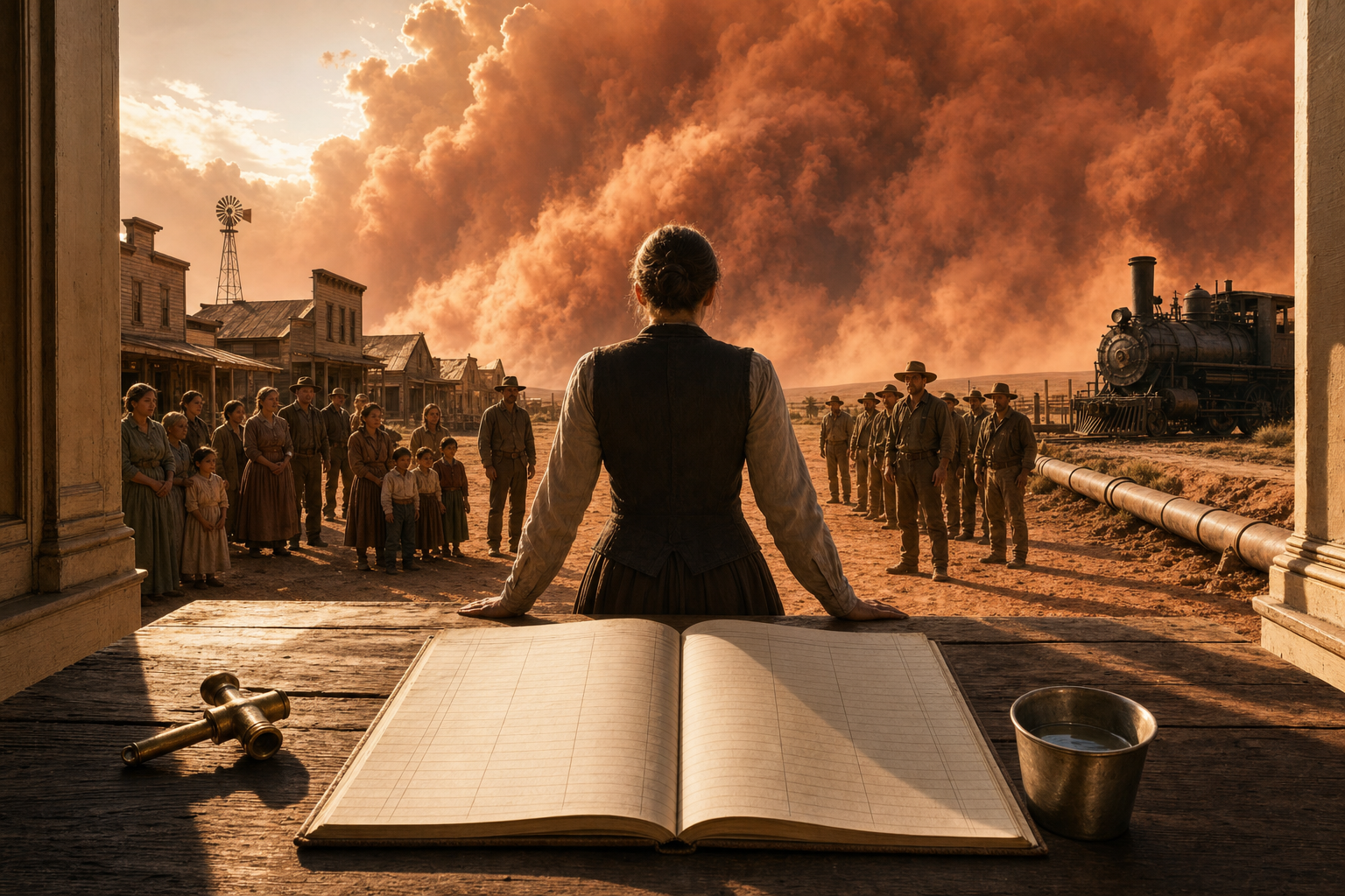 A frontier water ledger rests beside a brass key as a red dust storm approaches a sunlit wooden town.