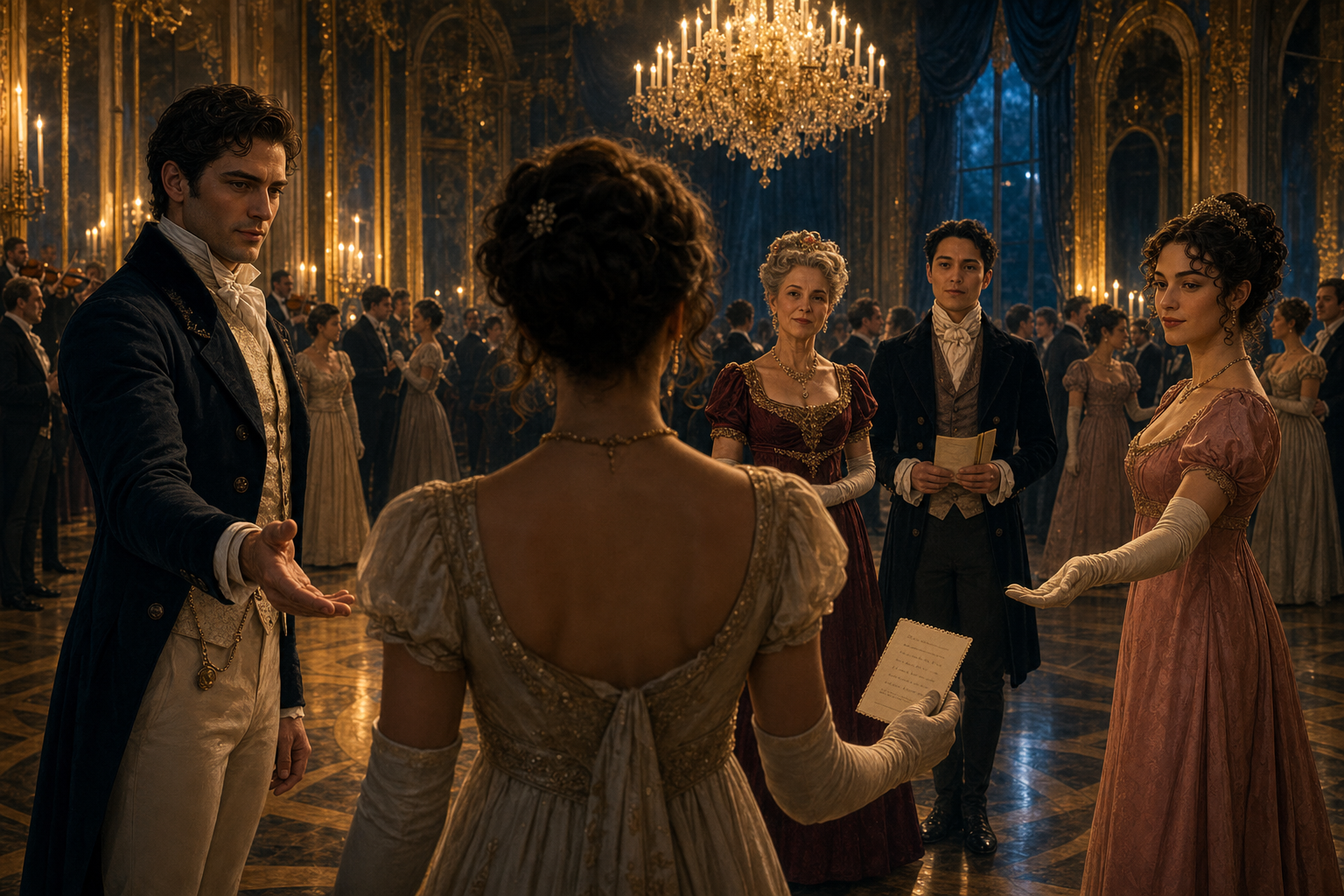 At a candlelit Regency ball, an adult guest faces two offered hands while a host and master of ceremonies watch beside the final-waltz programme.
