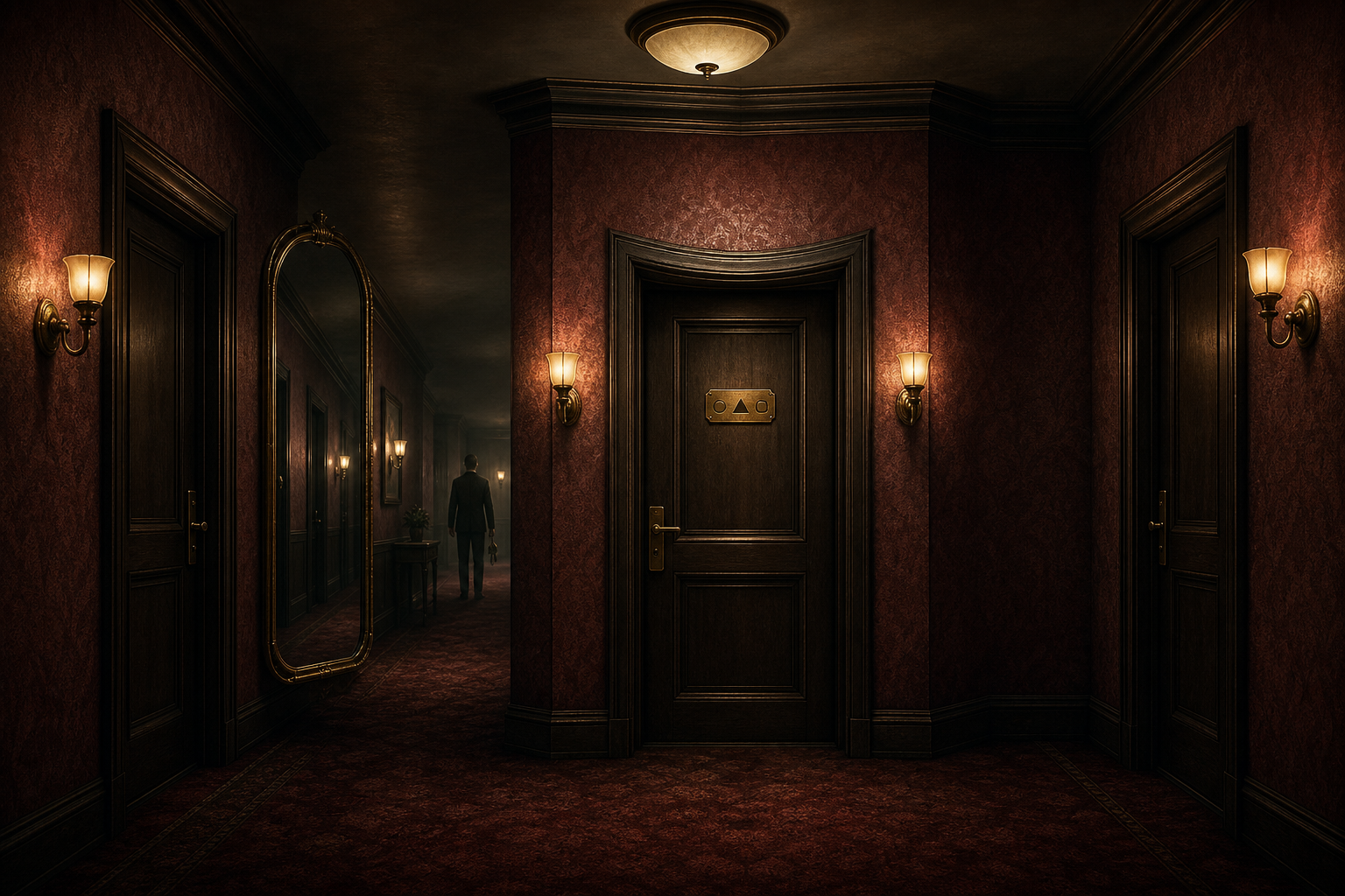 A dim hotel corridor bends around a glowing impossible door numbered only by three brass shapes, with a distant human silhouette at the far end.
